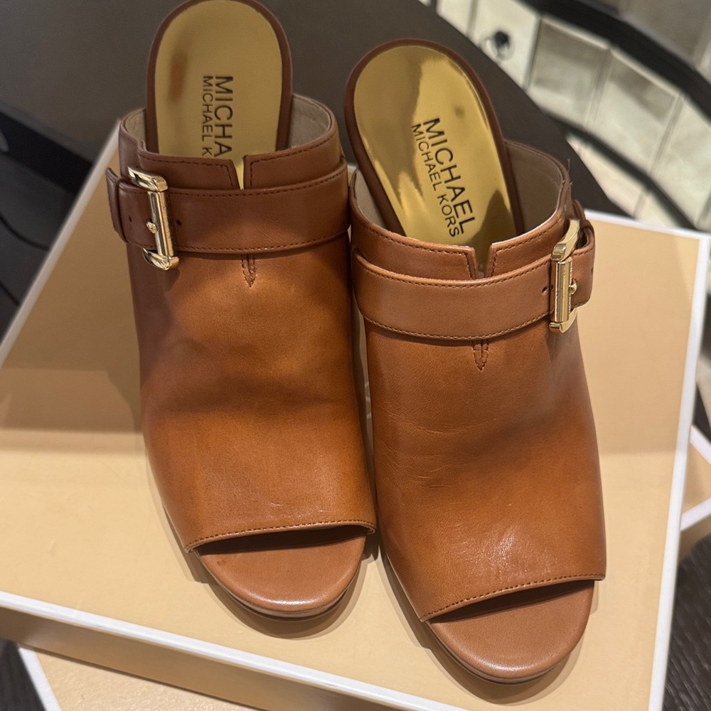 Michael Kors Brown Leather Mules with Gold Buckle